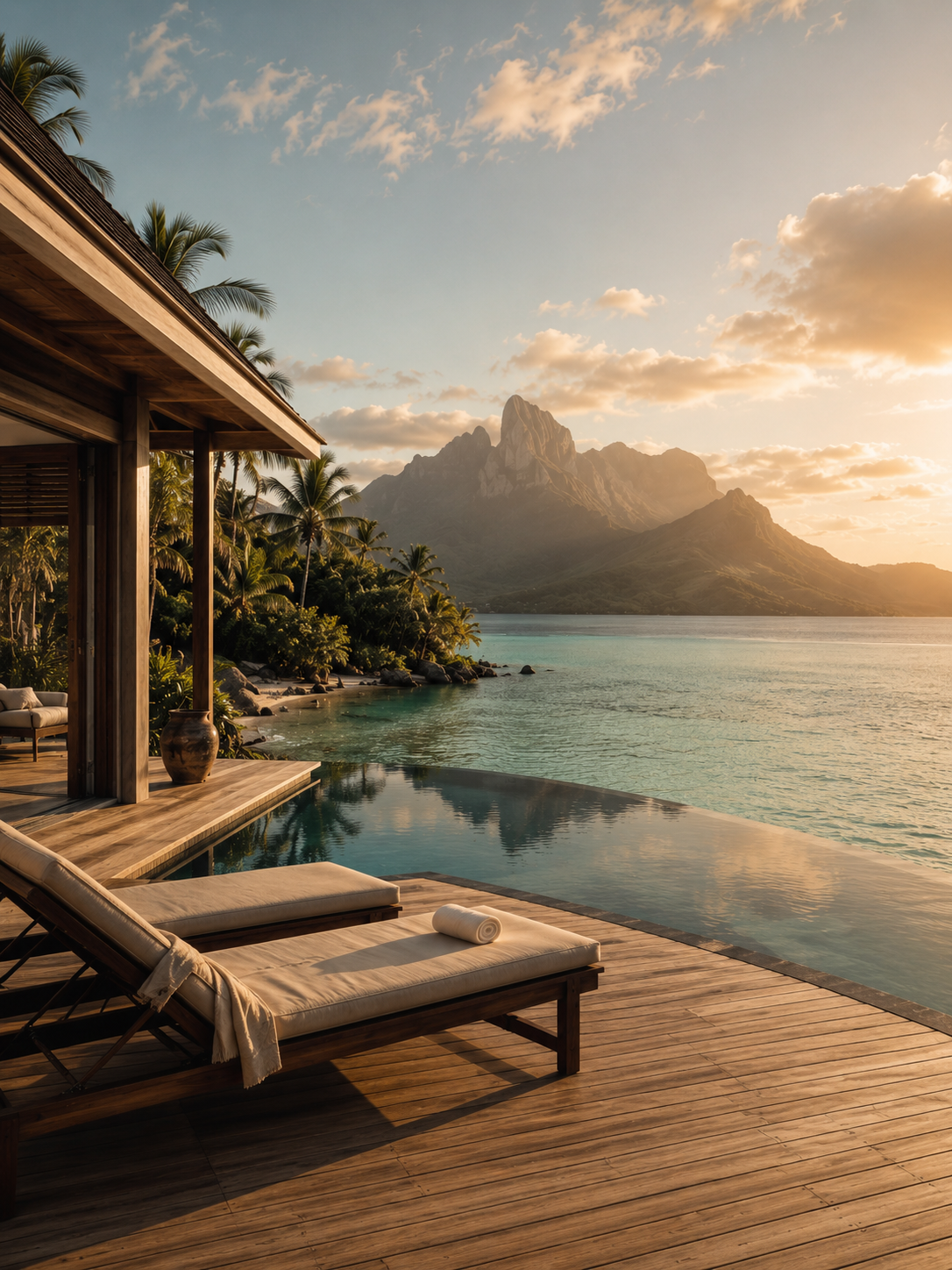 Luxury villa with infinity pool overlooking a French Polynesian lagoon at sunset